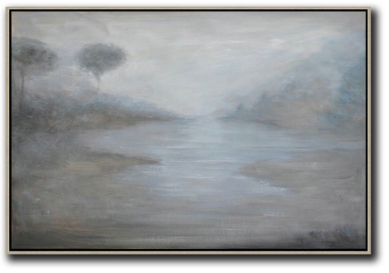Large Abstract Art,Horizontal Abstract Landscape Oil Painting On Canvas,Modern Art Abstract Painting,Grey,White,Blue.etc